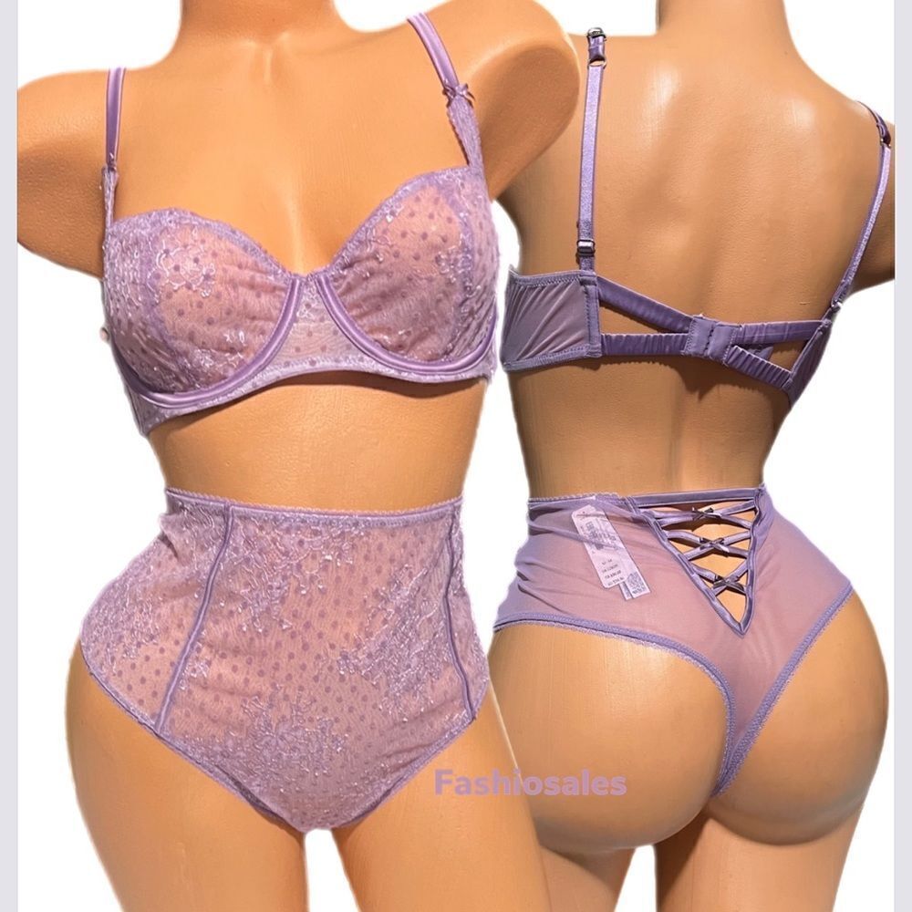 Victorias Secret Dream Angels Set dot Mesh Unlined Balconett Bra & Thong 36C / M